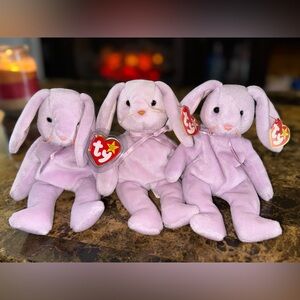 💜 TY Beanie Baby Lavender Bunny Lot – 3 Floppity (1996)